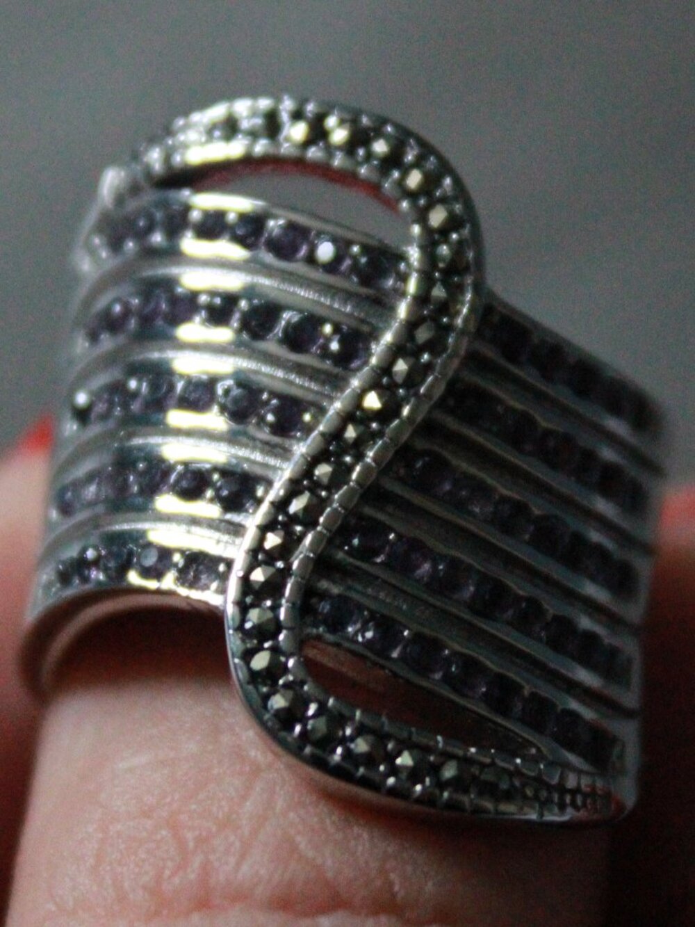 Unknown Brand Amethyst, Marcasite, & Stainless Steel Ring
